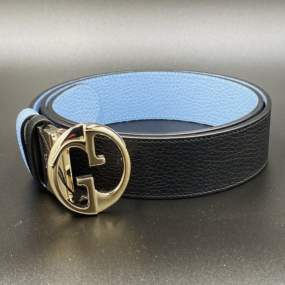 Gucci Black Leather Belt with Gold Buckle and Blue Interior - Picture 1 of 13